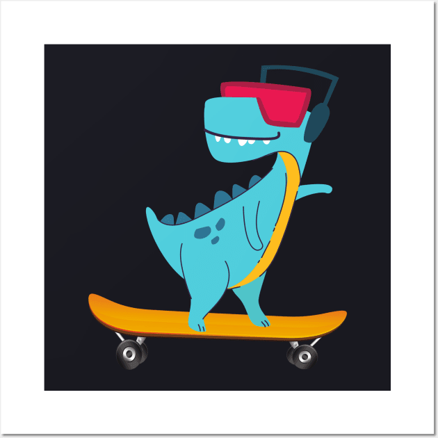 Skater Dino T-Rex Children Gift Wall Art by Foxxy Merch